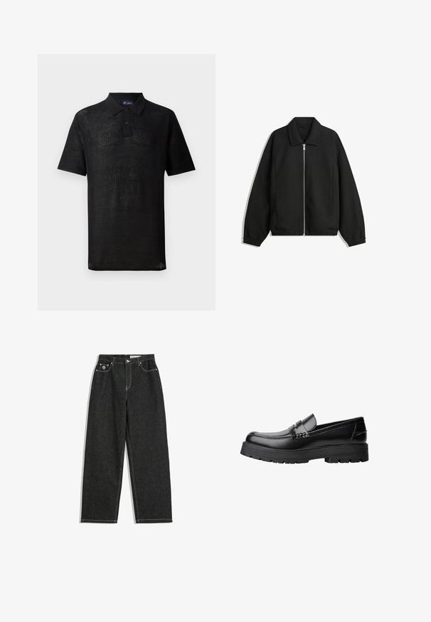 Černá bunda vyrobená z texturované látky, s plným předním zipem, límcem a elastickými manžetami, s volným střihem a bočními kapsami.; Černé polo tričko vyrobené z texturované pleteniny. Má krátké rukávy, límec a propínání na tři knoflíky. Lehký design, uvolněný střih.; Černé džíny rovného střihu s bílým prošíváním, design se pěti kapsami, zapínání na knoflík a zip a malé logo na přední pravé kapse.; Černé kožené mokasíny s masivní podrážkou a dekoračním páskem přes horní část, zobrazené v levém bočním profilu na bílém pozadí.