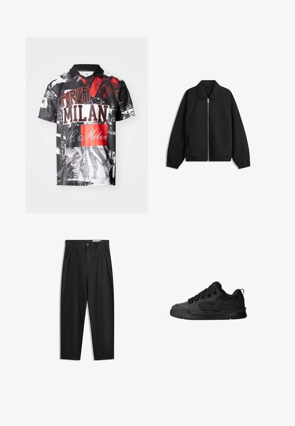 Crna jakna izrađena od teksturirane tkanine, s punim prednjim zatvaračem, ovratnikom i elastičnim manžetama, opuštenog kroja i bočnim džepovima.; Polo majica kratkih rukava izrađena od lagane tkanine, s crnom podlogom i crvenim i bijelim grafičkim printovima, tekstom i različitim teksturama.; Crne pamučne hlače s opuštenim krojem, s klasičnim pojasom, prednjim nabranjima i bočnim džepovima. Glatka tekstura bez uzoraka.; Crne tenisice s teksturiranim gornjim dijelom, sa vezicama, mrežastim detaljima za prozračnost, podstavljenim ovratnikom i čvrstim potplatima.