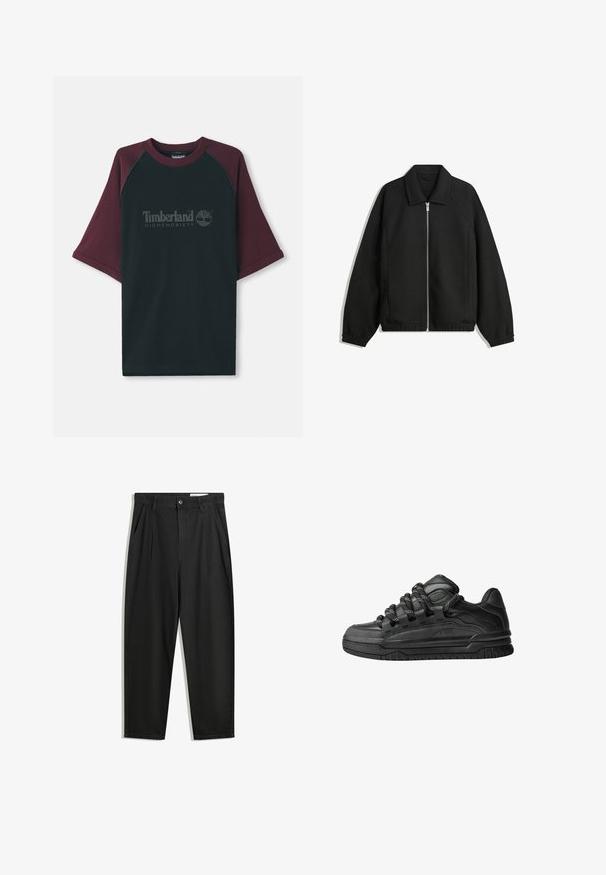 Černá bunda vyrobená z texturované látky, s plným předním zipem, límcem a elastickými manžetami, s volným střihem a bočními kapsami.; Černé tričko s burgundskými raglánovými rukávy. Obsahuje šedé logo "Timberland Highsnobiety", kulatý výstřih a krátké rukávy. Materiál: směs bavlny.; Černé bavlněné kalhoty s uvolněným střihem, klasickým pasem, předními záhyby a bočními kapsami. Hladká textura bez vzorů.; Černé tenisky s hladkým koženým svrškem, texturovanými akcenty a kulatými černobílými tkaničkami. Silná gumová podrážka s vzorovaným dezénem.