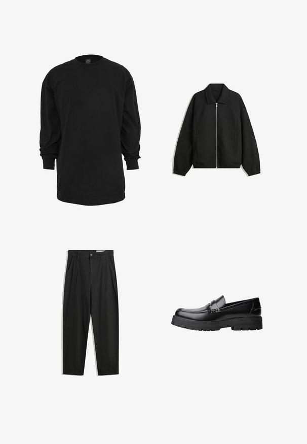 Musta takki, joka on valmistettu teksturoidusta kankaasta ja jossa on koko etuvetoketju, kaulus ja joustavat hihansuut. Takissa on rento istuvuus ja sivutaskut.; Pitkähihaiseen mustaan t-paitaan on käytetty puuvillaa. Siinä on pyöreä pääntie ja normaali istuvuus. Pehmeä pinta ilman näkyviä kuvioita tai yksityiskohtia.; Mustat puuvillahousut rentoa mallia, joissa on klassinen vyötärö, etukangastukset ja sivutaskut. Sileä pinta ilman kuvioita.; Musta nahkainen loaferi, jossa on paksu urheilupohja ja koristeellinen hihna yläpääkkeellä, esitettynä vasemman sivuprofiilin kuvassa valkoista taustaa vasten.