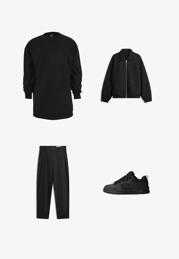 Zwarte jas van textuurstof, met een volledige rits aan de voorkant, een kraag, elastische manchetten, een ontspannen pasvorm en zijzakken.; Zwart T-shirt met lange mouwen, gemaakt van katoen. Kenmerkt zich door een ronde halslijn en een reguliere pasvorm. Glad oppervlak zonder zichtbare patronen of accenten.; Zwarte katoenen broeken met een losse pasvorm, voorzien van een klassieke tailleband, voorplooien en zijzakken. Gladde structuur zonder patronen.; Zwarte sneakers met een gestructureerde bovenkant, voorzien van veters, mesh-details voor ademend vermogen, een gevoerd kraagje en een stevige zool.