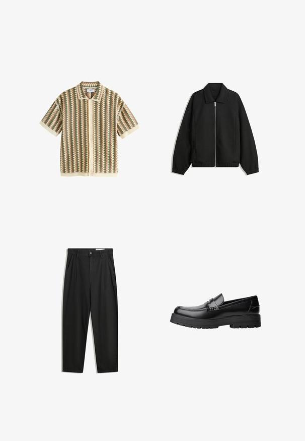 Črna jakna iz teksturirane tkanine, z dvostranskim zadrgo spredaj, ovratnikom in elastičnimi manšeti, sproščenega kroja in stranskimi žepi.; Next SHORT SLEEVE - Potiskana majica - neutral sage green; Črne bombažne hlače s sproščenim krojem, ki vključujejo klasičen pas, sprednje gube in stranske žepke. Gladka tekstura brez vzorcev.; Črne usnjene loafersice s debelim profiliranim podplatom in dekorativnim pasom čez zgornji del, prikazane v levem stranskem profilu na beli podlagi.