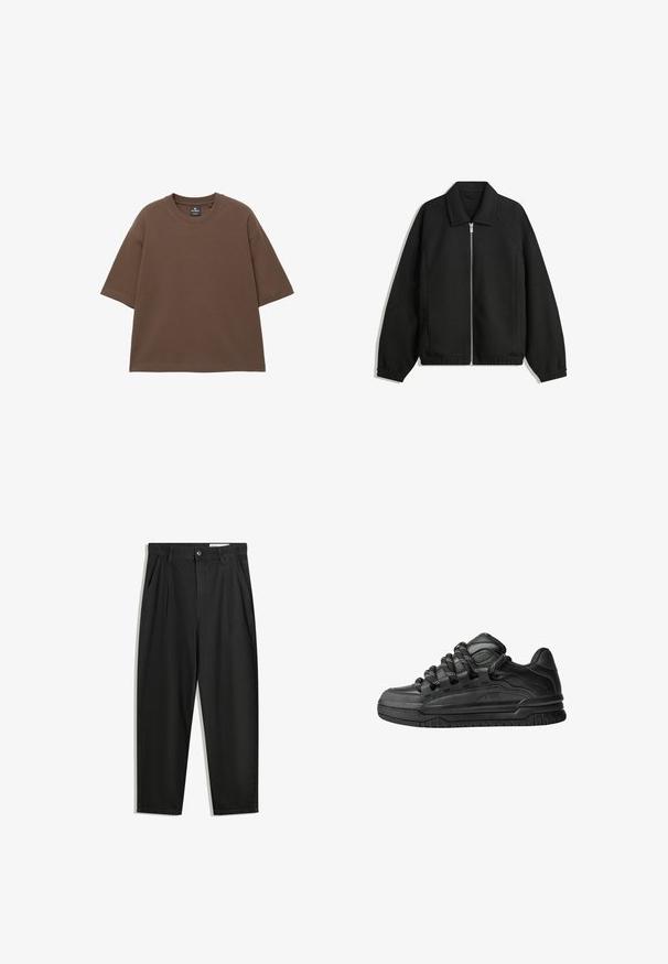 Čierna bunda vyrobená z textúrovaného materiálu, s plným predným zipsom, golierom a elastickými manžetami, so voľnejším strihom a bočnými vreckami.; Hnedé oversized tričko vyrobené z jemnej bavlny, s okrúhlym výstrihom a krátkymi rukávmi. Bezšvový dizajn bez ďalších vzorov alebo akcentov.; Čierne bavlnené nohavice s voľným strihom, s klasickým pásom, prednými záhybmi a bočnými vreckami. Hladká textúra bez vzorov.; Čierne tenisky s hladkým koženým zvrškom, štruktúrovanými akcentami a okrúhlymi čierno-bielymi šnúrkami. Hrubá gumená podrážka s vzorovaným dezénom.