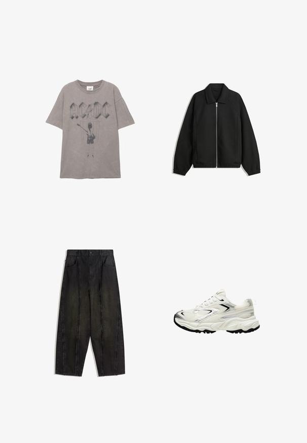 Jachetă neagră dintr-un material texturat, cu fermoar frontal complet, guler și manșete elastice, având o croială lejeră și buzunare laterale.; Tricou gri din bumbac, cu un logo mare AC/DC și o grafică a unui chitarist pe spate, cu mâneci scurte și guler rotund.; Pantaloni negri din denim cu picioare largi, cu cusături vizibile și margini desfăcute, având două buzunare frontale și un design cu talie înaltă.; Adidași albi cu un superior din plasă, accente argintii, talpă neagră și panouri texturate. Caracteristici includ un design cu șireturi și o formă de vârf rotunjit.
