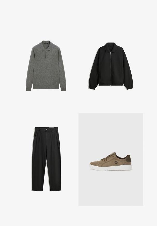 Czarna kurtka z teksturowanej tkaniny, z pełnym zamkiem z przodu, kołnierzem i elastycznymi mankietami, o luźnym kroju i kieszeniach po bokach.; Szara koszulka polo z długim rękawem wykonana z miękkiego materiału, z klasycznym kołnierzykiem i trzema guzikami z przodu.; Czarne bawełniane spodnie o luźnym kroju, z klasycznym pasem, przednimi plisy oraz bocznymi kieszeniami. Gładka struktura, bez wzorów.; Brązowe zamszowe trampki z białymi gumowymi podeszwami, z zaokrąglonym noskiem, sznurowanym zapięciem i małym logo na zewnętrznej stronie.