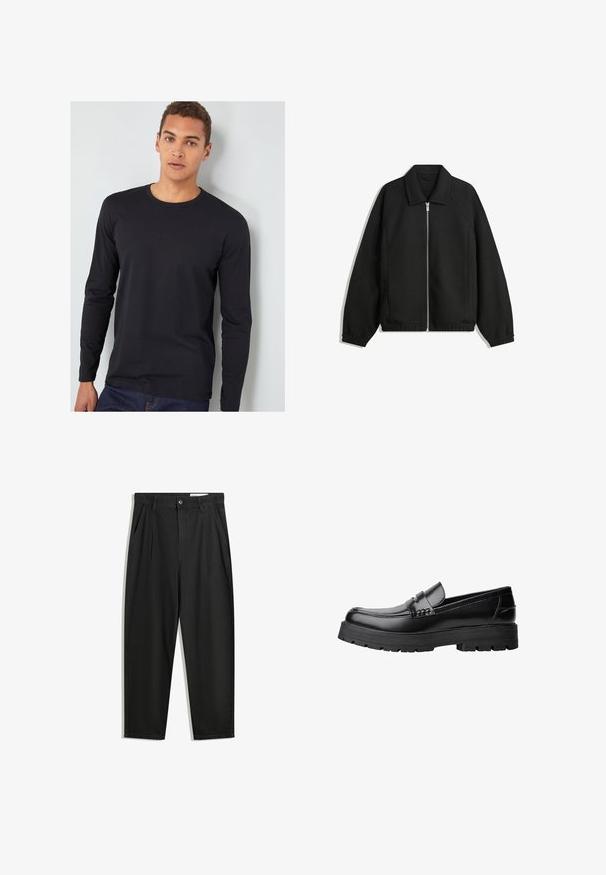 Crna jakna izrađena od teksturirane tkanine, s punim prednjim zatvaračem, ovratnikom i elastičnim manžetama, opuštenog kroja i bočnim džepovima.; Crna majica dugih rukava od pamuka s okruglim izrezom, prilagođenim rukavima i glatkom teksturom, nosi se s plavim trapericama.; Crne pamučne hlače s opuštenim krojem, s klasičnim pojasom, prednjim nabranjima i bočnim džepovima. Glatka tekstura bez uzoraka.; Crna kožna mokasina s debelim potplatima i dekorativnom trakom preko gornjeg dijela, prikazana u lijevom bočnom profilu na bijeloj pozadini.