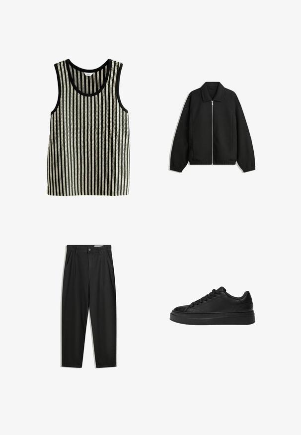 Musta takki, joka on valmistettu teksturoidusta kankaasta ja jossa on koko etuvetoketju, kaulus ja joustavat hihansuut. Takissa on rento istuvuus ja sivutaskut.; Mustat ja valkoiset raidat tanktoppi, jossa on pyöreä kaula-aukko ja hihaton muotoilu. Tekstuurissa on vuorotellen paksuja ja ohuita pystysuoria viivoja.; Mustat puuvillahousut rentoa mallia, joissa on klassinen vyötärö, etukangastukset ja sivutaskut. Sileä pinta ilman kuvioita.; Musta lenkkari, joka on valmistettu sileästä nahasta, pyöreällä kärjellä, paksulla platform-pohjalla ja perinteisellä nauhakiinnityksellä, jossa on kuusi reikää.