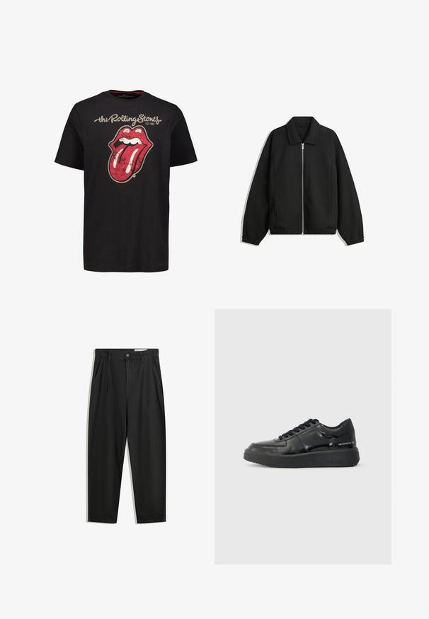 Czarna kurtka z teksturowanej tkaniny, z pełnym zamkiem z przodu, kołnierzem i elastycznymi mankietami, o luźnym kroju i kieszeniach po bokach.; Czarna bawełniana koszulka z dużym, zniszczonym czerwonym wzorem w kształcie języka i ust, z napisem "the Rolling Stones" powyżej oraz rokiem założenia poniżej.; Czarne bawełniane spodnie o luźnym kroju, z klasycznym pasem, przednimi plisy oraz bocznymi kieszeniami. Gładka struktura, bez wzorów.; Czarne skórzane trampki o gładkim wykończeniu, okrągłym nosku i kontrastowej czarnej gumowej podeszwie. Wyposażone w płaskie sznurówki oraz logo po boku.