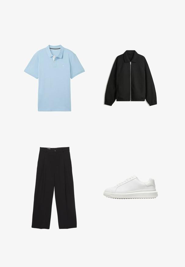 Fekete kabát texturált anyagból, teljes elöl cipzárral, gallérral és rugalmas mandzsettákkal, laza szabással és oldalsó zsebekkel.; Világoskék pólóing sima anyagból. Klasszikus gallérral, rövid ujjal és egy kis logóval rendelkezik a bal mell részen.; Fekete, bő szárú nadrág sima anyagból, lapos derékpánttal, elülső redőkkel és egy gombos záródással.; Fehér edzőcipő sima szintetikus felsőrész, kerek orr, lapos fűzők, texturált talp és réteges, platform dizájn a magasabb megjelenés érdekében.