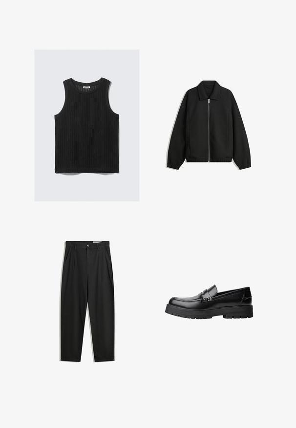 Sort jakke lavet af struktureret stof, med fuld frontlynlås, krave og elastiske mansjetter, i en afslappet pasform og sidelommer.; Sort ærmeløs top med ribbet tekstur, rund halsudskæring og lige kant. Etiketten siger "WEEKDAY" ved halsudskæringen.; Sorte bomuldsbukser med en afslappet pasform, der har en klassisk talje, frontfolder og sidelommer. Glat tekstur uden mønstre.; Sort læderloafer med kraftig sål og dekorativ rem henover, vist i venstre sideprofil på hvid baggrund.