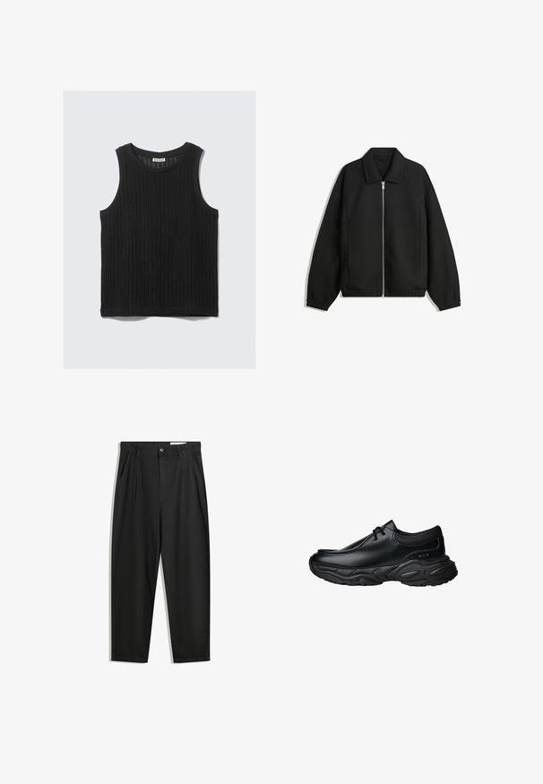 Czarna kurtka z teksturowanej tkaniny, z pełnym zamkiem z przodu, kołnierzem i elastycznymi mankietami, o luźnym kroju i kieszeniach po bokach.; Czarny bezrękawnik o prążkowanej teksturze, z okrągłym dekoltem i prostym wykończeniem. Metka na dekolcie informuje "WEEKDAY".; Czarne bawełniane spodnie o luźnym kroju, z klasycznym pasem, przednimi plisy oraz bocznymi kieszeniami. Gładka struktura, bez wzorów.; Czarne skórzane buty wsuwane z okrągłym noskiem i grubą, teksturowaną gumową podeszwą. Posiadają subtelne przeszycia oraz elastyczne akcenty na kołnierzu.