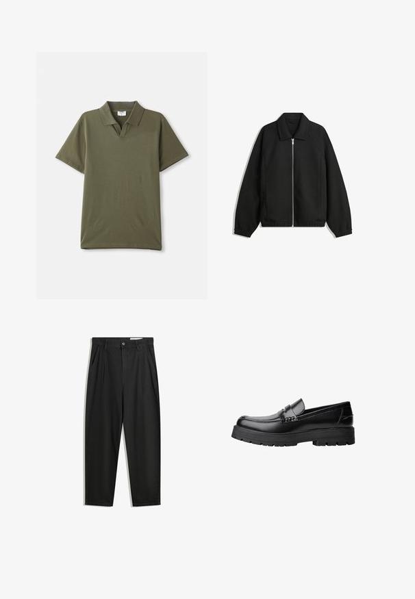 Čierna bunda vyrobená z textúrovaného materiálu, s plným predným zipsom, golierom a elastickými manžetami, so voľnejším strihom a bočnými vreckami.; Olivovo zelená polo košeľa vyrobená z hladkej bavlny. Má klasický golier a krátke rukávy. Minimalistický dizajn bez vzorov alebo akcentov.; Čierne bavlnené nohavice s voľným strihom, s klasickým pásom, prednými záhybmi a bočnými vreckami. Hladká textúra bez vzorov.; Čierne kožené mokasíny s masívnou podrážkou a dekoratívnym pásom cez hornú časť, zobrazené z ľavého bočného profilu na bielom pozadí.