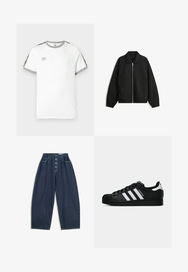 Čierna bunda vyrobená z textúrovaného materiálu, s plným predným zipsom, golierom a elastickými manžetami, so voľnejším strihom a bočnými vreckami.; Biely tričko s krátkym rukávom, šedým golierom a manžetami, čiernymi a šedými pruhmi na rukávoch a logom Umbro na hrudi.; Tmavomodré denimové nohavice s širokými nohavicami a vysokým pásom, zapínanie na päť gombíkov a päť vreciek. Obsahuje prešívanie na švoch.; Čierne tenisky Adidas Superstar s bielymi pruhmi, špičkou v tvare mušle a textom "Superstar" na boku, zobrazené v bočnom profilu na bielom pozadí.