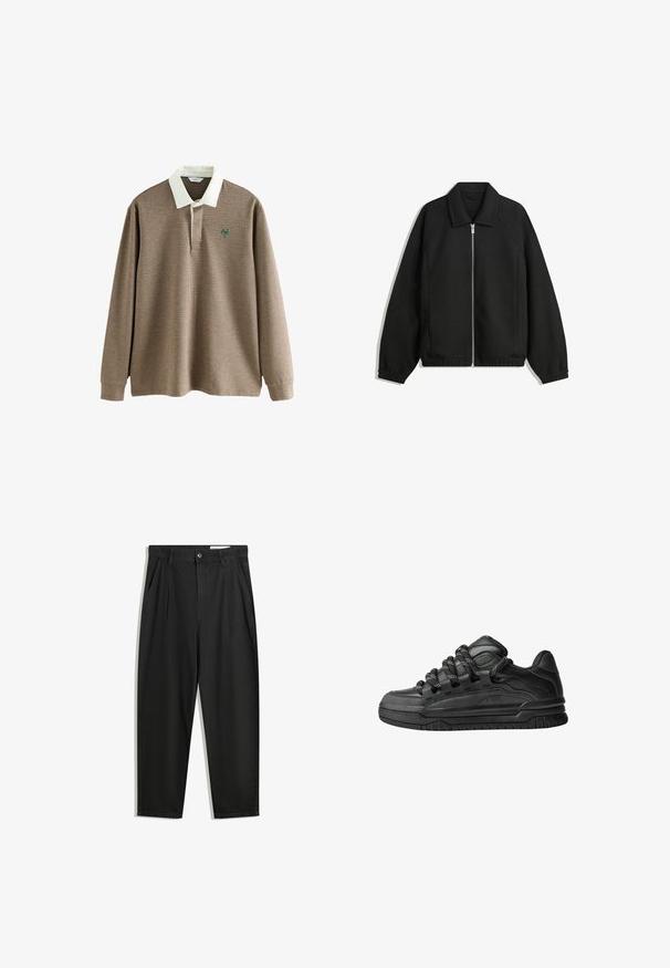 Sort jakke lavet af struktureret stof, med fuld frontlynlås, krave og elastiske mansjetter, i en afslappet pasform og sidelommer.; Langærmet polo skjorte i brun og creme houndstooth mønster med en hvid krave og et grønt logo på brystet. Blødt stof.; Sorte bomuldsbukser med en afslappet pasform, der har en klassisk talje, frontfolder og sidelommer. Glat tekstur uden mønstre.; Sorte sneakers med en glat læderoverdel, teksturerede accenter og runde sorte og hvide snørebånd. Tyk gummisål med et mønstret slidbanemønster.