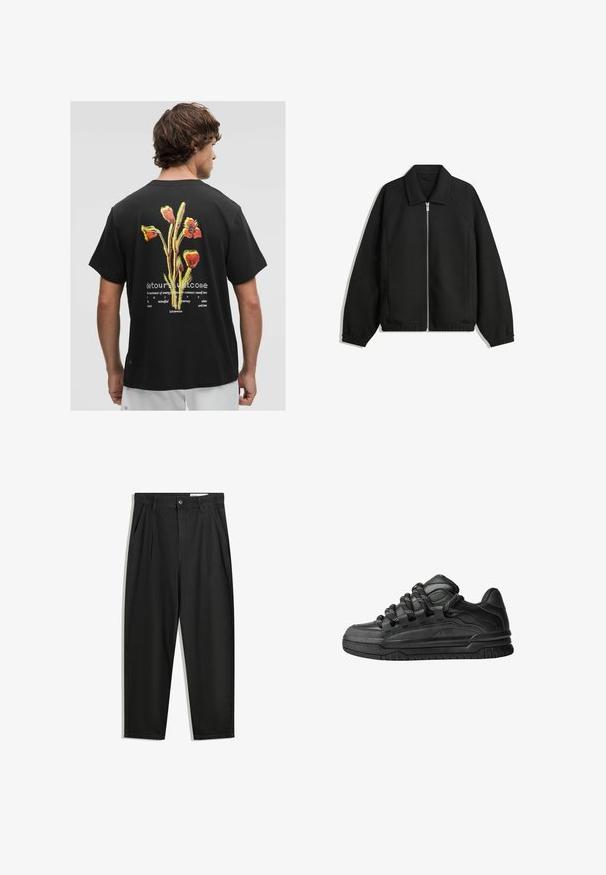 Musta takki, joka on valmistettu teksturoidusta kankaasta ja jossa on koko etuvetoketju, kaulus ja joustavat hihansuut. Takissa on rento istuvuus ja sivutaskut.; Mustat puuvillapaita, jossa on värikäs kukkagraafinen kuvasto takana, valkoisella tekstillä alla ja pyöreällä kaula-aukolla. Lyhyet hihat.; Mustat puuvillahousut rentoa mallia, joissa on klassinen vyötärö, etukangastukset ja sivutaskut. Sileä pinta ilman kuvioita.; Mustat tennarit, joissa on sileä nahkapinta, teksturoituja yksityiskohtia ja pyöreät musta-valkoiset nauhat. Paksu kumipohja, jossa on kuvioitu pinta.