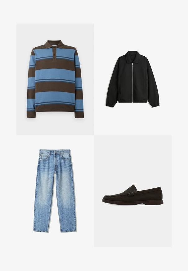 Sort jakke lavet af struktureret stof, med fuld frontlynlås, krave og elastiske mansjetter, i en afslappet pasform og sidelommer.; Polo skjorte med lange ærmer, brun og lyseblå vandrette striber, med en tre-knaps placket og en ribbet krave.; Lysblå denimjeans med løs pasform, lige bendesign, fem lommer og falmede detaljer. Har en frontknap og lynlås-lukning.; Mørkebrun ruskinds slip-on loafers med en stitched tå, lavprofil gummisål og strukturerede detaljer på overdelen.