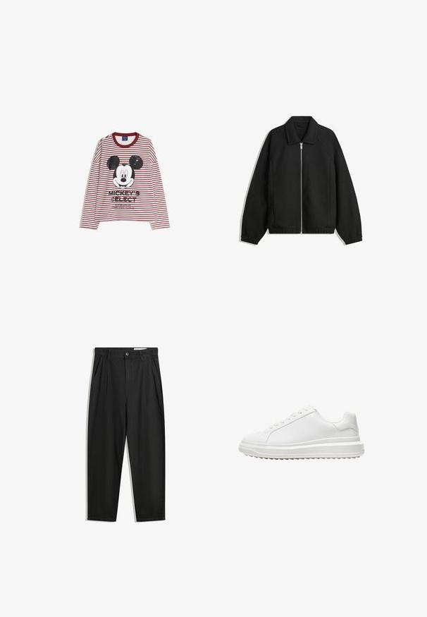 Zwarte jas van textuurstof, met een volledige rits aan de voorkant, een kraag, elastische manchetten, een ontspannen pasvorm en zijzakken.; Rood en witte gestreepte lange mouwen shirt met een grote zwart-witte Mickey Mouse afbeelding en de tekst "MICKEY'S SELECT" in vetgedrukte letters.; Zwarte katoenen broeken met een losse pasvorm, voorzien van een klassieke tailleband, voorplooien en zijzakken. Gladde structuur zonder patronen.; Witte sneaker met een glad synthetisch bovenwerk, ronde neus, platte veters, gestructureerde zool en een gelaagd, platformontwerp voor extra hoogte.