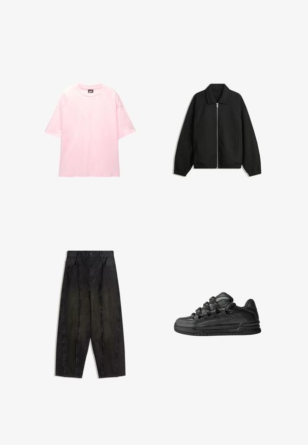 Schwarze Jacke aus strukturiertem Stoff, mit vollem Reißverschluss auf der Vorderseite, Kragen und elastischen Manschetten, im entspannten Schnitt und mit seitlichen Taschen.; Hellrosa übergroßes T-Shirt aus Baumwolle mit kurzen Ärmeln, rundem Ausschnitt und weißen aufgestickten Text auf der Vorderseite.; Schwarze weit geschnittene Jeanshose mit sichtbaren Nähten und fransigen Kanten, ausgestattet mit zwei vorderen Taschen und einem hoch geschnittenen Design.; Schwarze Sneakers mit einem glatten Leder-Obermaterial, strukturierten Akzenten und runden schwarz-weißen Schnürsenkeln. Dicke Gummisohle mit einem gemusterten Profil.