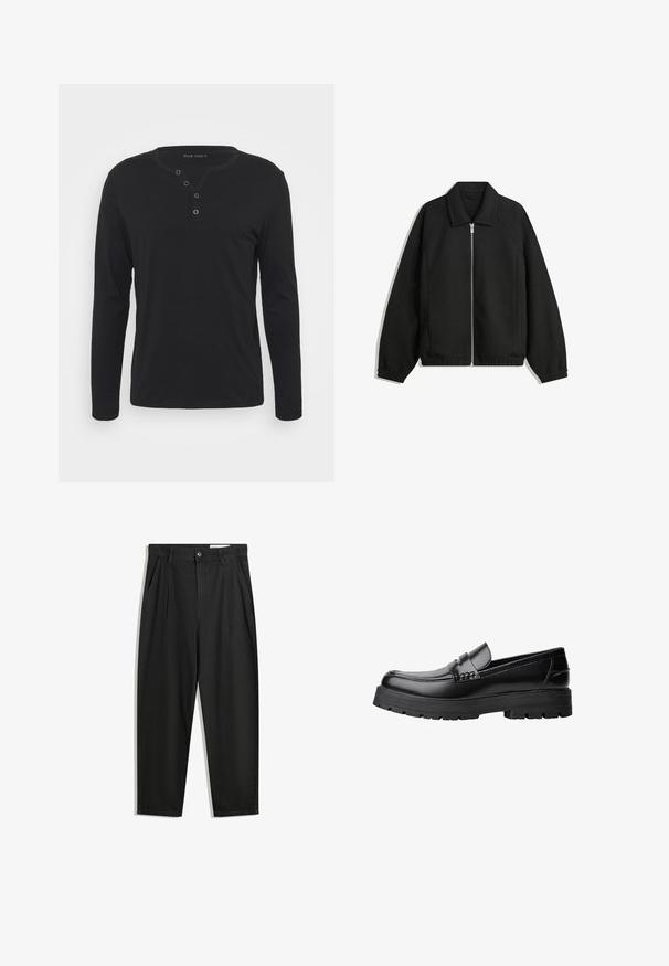 Schwarze Jacke aus strukturiertem Stoff, mit vollem Reißverschluss auf der Vorderseite, Kragen und elastischen Manschetten, im entspannten Schnitt und mit seitlichen Taschen.; Schwarzes Langarm-Henley-Shirt aus weichem Stoff, mit knöpfbarer Leiste, rundem Ausschnitt und enganliegenden Ärmeln.; Schwarze Baumwollhose mit lockerem Schnitt, ausgestattet mit einem klassischen Bund, vorderen Falten und Seiten taschen. Glatte Textur ohne Muster.; Schwarzer Lederloafer mit grobem, rutschfestem Sohlenprofil und dekorativem Riemen über der Oberseite, seitlich links auf weißem Hintergrund abgebildet.