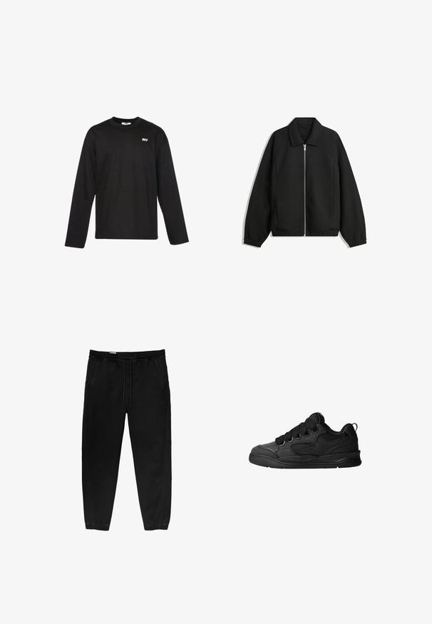 Sort jakke lavet af struktureret stof, med fuld frontlynlås, krave og elastiske mansjetter, i en afslappet pasform og sidelommer.; DEF EVERYDAY - Langærmet T-shirt - black; Sorte elastiske bukser med snøre i taljen, tapered ben, sidelommer og subtile side-syning detaljer. Blød bomuldsstof struktur.; Sorte sneakers med en struktureret overdel, som har snørebånd, meshdetaljer for åndbarhed, polstret krave og en robust ydersål.