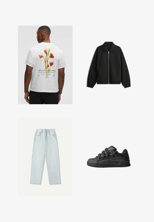 Jachetă neagră dintr-un material texturat, cu fermoar frontal complet, guler și manșete elastice, având o croială lejeră și buzunare laterale.; Tricou alb din bumbac cu un grafism floral în roșu, galben și verde pe spate, având textul "detours welcome" și logo-ul brandului.; Blugi din denim de culoare albastru deschis, cu o croială relaxată, design cu picior drept, stilizare cu cinci buzunare și decolorare subtilă pe material.; Adidași negri cu o parte superioară din piele netedă, accente texturate și șireturi rotunde negre și albe. Talpă groasă din cauciuc cu un profil texturat.