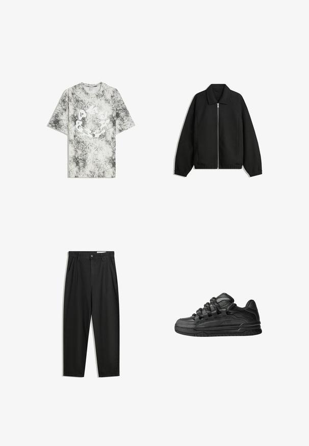 Černá bunda vyrobená z texturované látky, s plným předním zipem, límcem a elastickými manžetami, s volným střihem a bočními kapsami.; Hedvábná šedobílá tričko s krátkým rukávem s mramorovým vzorem a abstraktní bílou kruhovou grafikou uprostřed.; Černé bavlněné kalhoty s uvolněným střihem, klasickým pasem, předními záhyby a bočními kapsami. Hladká textura bez vzorů.; Černé tenisky s hladkým koženým svrškem, texturovanými akcenty a kulatými černobílými tkaničkami. Silná gumová podrážka s vzorovaným dezénem.