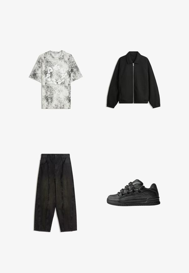 Černá bunda vyrobená z texturované látky, s plným předním zipem, límcem a elastickými manžetami, s volným střihem a bočními kapsami.; Hedvábná šedobílá tričko s krátkým rukávem s mramorovým vzorem a abstraktní bílou kruhovou grafikou uprostřed.; Černé široké džíny s viditelnými švy a ztrhanými okraji, se dvěma předními kapsami a vysokým pasem.; Černé tenisky s hladkým koženým svrškem, texturovanými akcenty a kulatými černobílými tkaničkami. Silná gumová podrážka s vzorovaným dezénem.
