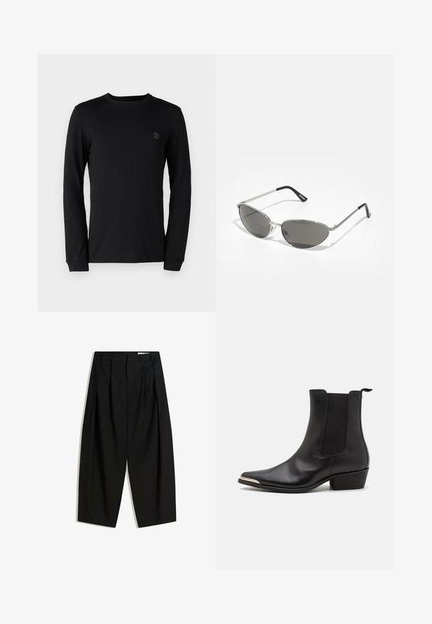 Jachetă neagră dintr-un material texturat, cu fermoar frontal complet, guler și manșete elastice, având o croială lejeră și buzunare laterale.; Tricou negru cu mânecă lungă, realizat din bumbac moale, având un guler rotund și un logo subtil pe piept. Mâneci dotate cu manșete standard.; Pantaloni negri, cu talie înaltă, având un picior lat și scurt, cu pliseuri în față pentru un plus de textură și structură.; Cizme negre până la gleznă, realizate din piele texturată, cu vârf ascuțit, panouri elastice pe laterale, un tab de prindere la spate și un tocul mic cu formă de bloc.; Ochelari de soare cu un cadru metalic argintiu, lentile nuanțate de gri și un design aerodinamic, cu colțuri ascuțite și brațe subțiri.