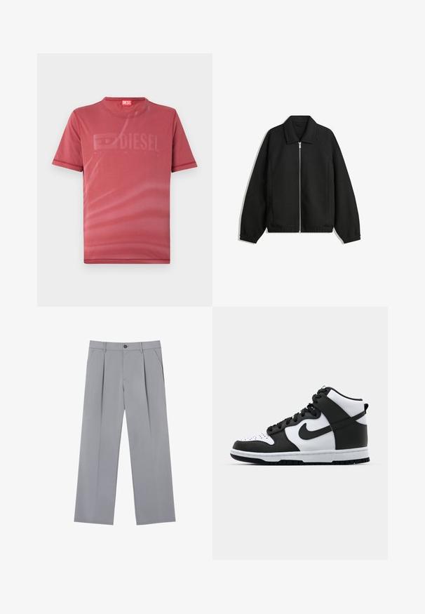 Svart jacka i strukturerad tyg, med full dragkedja framtill, krage och elastiska muddar, med en avslappnad passform och sidofickor.; Röd kortärmad T-shirt i mjuk tyg med en subtil präglad "DIESEL"-logotyp på framsidan. Rund halsringning och sydda kanter.; Grå veckade byxor med en avslappnad passform, tillverkade av ett lätt material. Har framfickor och ett knäppningshål i midjan.; Svart och vit hög sneaker med läderövertäckning, perforerat tåfack, framträdande swoosh-logotyp och texturerad gummisul.