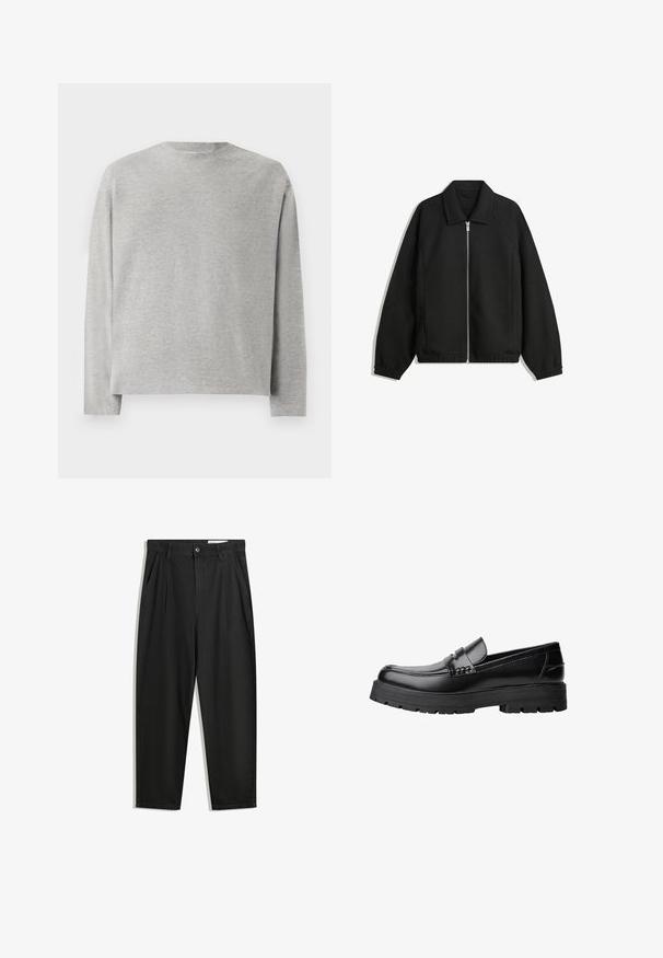 Fekete kabát texturált anyagból, teljes elöl cipzárral, gallérral és rugalmas mandzsettákkal, laza szabással és oldalsó zsebekkel.; Szürke, hosszú ujjú póló, kerek nyakkivágással, puha pamutból készült. Laza szabású, minimalista dizájnú, minta vagy díszítés nélkül.; Fekete pamut nadrág laza szabással, klasszikus derékrésszel, elülső hajtásokkal és oldalsó zsebekkel. Simább textúra minta nélkül.; Fekete bőr loaferek vastag, bordázott talppal és díszcsíkkal az upper rész felett, bal oldali profilmódban, fehér háttér előtt.