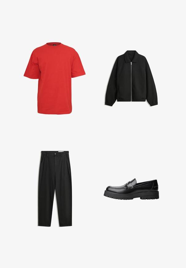 Fekete kabát texturált anyagból, teljes elöl cipzárral, gallérral és rugalmas mandzsettákkal, laza szabással és oldalsó zsebekkel.; Piros pamut póló rövid ujjú, kerek nyakkivágással és laza szabással. Egyszínű, minta vagy díszítés nélkül.; Fekete pamut nadrág laza szabással, klasszikus derékrésszel, elülső hajtásokkal és oldalsó zsebekkel. Simább textúra minta nélkül.; Fekete bőr loaferek vastag, bordázott talppal és díszcsíkkal az upper rész felett, bal oldali profilmódban, fehér háttér előtt.