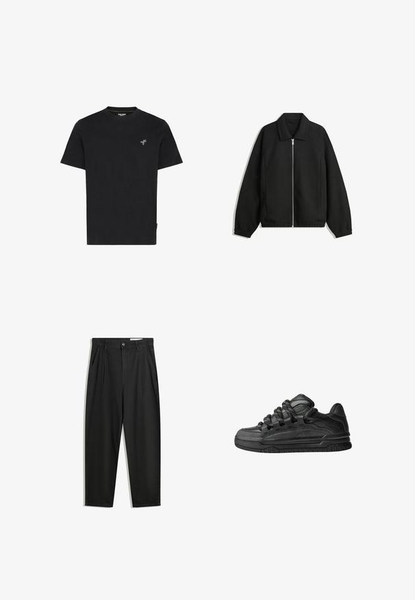 Svart jacka i strukturerad tyg, med full dragkedja framtill, krage och elastiska muddar, med en avslappnad passform och sidofickor.; Svart bomulls t-shirt med rund hals och korta ärmar, med en liten grön palmtree-broderi på vänster bröst.; Svarta bomullsshorts med avslappnad passform, med en klassisk midja, framveck och sidfickor. Slät textur utan mönster.; Svarta sneakers med ovandel i slät läder, texturerade detaljer och runda svarta och vita snören. Tjock gummisula med ett mönstrat mönster.