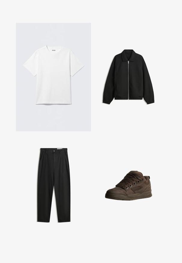 Crna jakna izrađena od teksturirane tkanine, s punim prednjim zatvaračem, ovratnikom i elastičnim manžetama, opuštenog kroja i bočnim džepovima.; Bijela majica kratkih rukava od pamuka, s okruglim izrezom i opuštenim krojem. Tkanina ima glatku, ravnomjernu teksturu.; Crne pamučne hlače s opuštenim krojem, s klasičnim pojasom, prednjim nabranjima i bočnim džepovima. Glatka tekstura bez uzoraka.; Smeđe atletske cipele napravljene od glatkog sintetičkog materijala. Imaju debele vezice, mrežaste naglašene dijelove, podstavljeni ovratnik i teksturiranu gumenu sredinu.