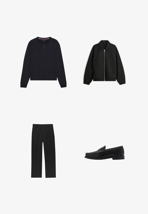 Schwarze Jacke aus strukturiertem Stoff, mit vollem Reißverschluss auf der Vorderseite, Kragen und elastischen Manschetten, im entspannten Schnitt und mit seitlichen Taschen.; Schwarzes Langarm-Henley-Shirt mit Rundhalsausschnitt, zwei Knöpfen und Raglanärmeln. Der Stoff erscheint weich mit einer strukturierten Oberfläche.; Schwarze Hose mit geradem Schnitt, aus einem glatten Stoff gefertigt. Verfügt über Vorderfalten und einen einzelnen Knopfverschluss an der Taille.; Mango Business-Slipper - black