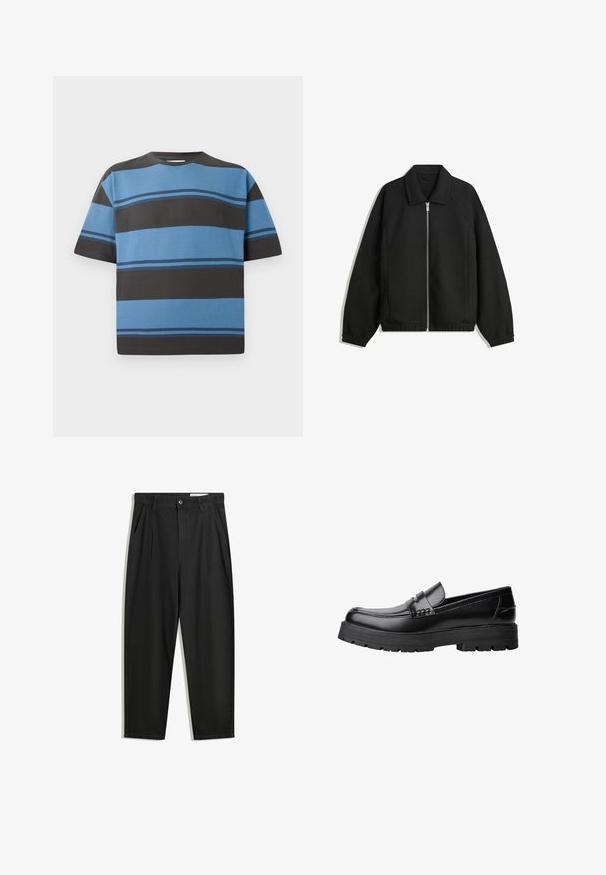 Fekete kabát texturált anyagból, teljes elöl cipzárral, gallérral és rugalmas mandzsettákkal, laza szabással és oldalsó zsebekkel.; Rövid ujjú pamut póló vízszintes csíkokkal különböző kék és sötétszürke árnyalatokban. Kerek nyakkivágással és laza szabással rendelkezik.; Fekete pamut nadrág laza szabással, klasszikus derékrésszel, elülső hajtásokkal és oldalsó zsebekkel. Simább textúra minta nélkül.; Fekete bőr loaferek vastag, bordázott talppal és díszcsíkkal az upper rész felett, bal oldali profilmódban, fehér háttér előtt.