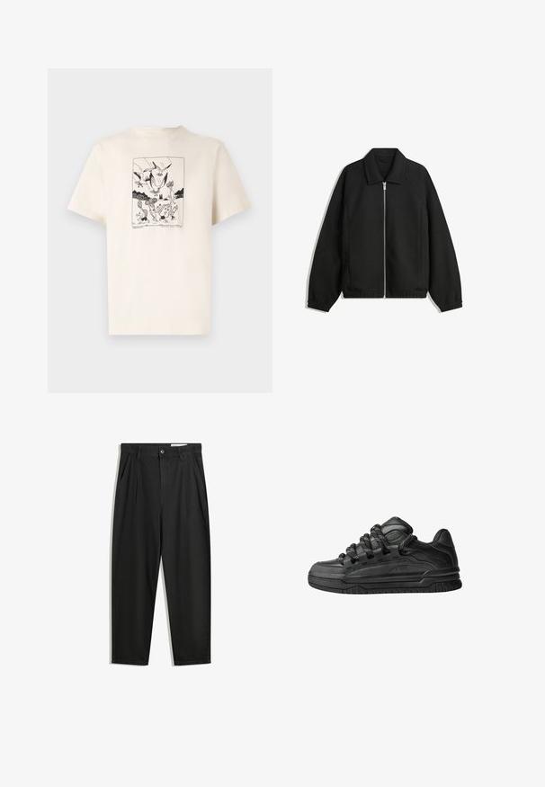 Schwarze Jacke aus strukturiertem Stoff, mit vollem Reißverschluss auf der Vorderseite, Kragen und elastischen Manschetten, im entspannten Schnitt und mit seitlichen Taschen.; Cremfarbendes Baumwoll-T-Shirt mit kurzen Ärmeln, das auf der Vorderseite einen schwarzen Grafikdruck von Vögeln und Figuren in einem umrandeten Design zeigt.; Schwarze Baumwollhose mit lockerem Schnitt, ausgestattet mit einem klassischen Bund, vorderen Falten und Seiten taschen. Glatte Textur ohne Muster.; Schwarze Sneakers mit einem glatten Leder-Obermaterial, strukturierten Akzenten und runden schwarz-weißen Schnürsenkeln. Dicke Gummisohle mit einem gemusterten Profil.