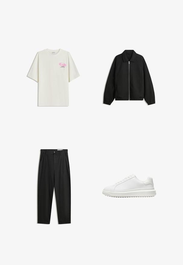 Black jacket made of textured fabric, featuring a full front zip, collar, and elastic cuffs with a relaxed fit and side pockets.; White cotton oversized t-shirt featuring a pink logo with "DRAMA COLLECTORS" text. Short sleeves and a classic crew neckline.; Black cotton trousers with a relaxed fit, featuring a classic waistband, front pleats, and side pockets. Smooth texture without patterns.; White sneaker with a smooth synthetic upper, round toe, flat laces, textured sole, and a layered, platform design for added height.