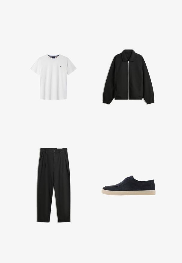 Czarna kurtka z teksturowanej tkaniny, z pełnym zamkiem z przodu, kołnierzem i elastycznymi mankietami, o luźnym kroju i kieszeniach po bokach.; Biała bawełniana koszulka z krótkim rękawem, okrągłym dekoltem i granatowym emblematem krzyża na lewej piersi. Posiada wzorzystą podszewkę dekoltu.; Czarne bawełniane spodnie o luźnym kroju, z klasycznym pasem, przednimi plisy oraz bocznymi kieszeniami. Gładka struktura, bez wzorów.; Granatowe zamszowe buty o okrągłym nosku, z dwiema oczkami na sznurówki i kremową gumową podeszwą. Gładka tekstura i minimalistyczny design.