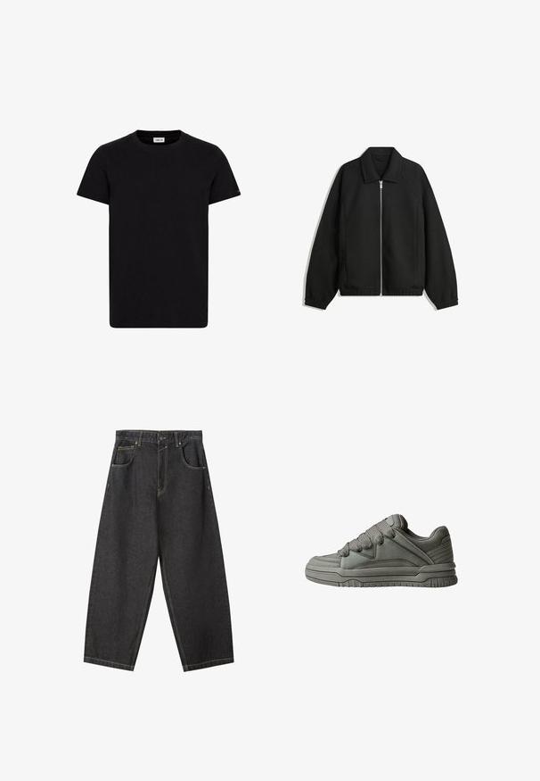 Schwarze Jacke aus strukturiertem Stoff, mit vollem Reißverschluss auf der Vorderseite, Kragen und elastischen Manschetten, im entspannten Schnitt und mit seitlichen Taschen.; Schwarzes Baumwoll-T-Shirt mit Rundhalsausschnitt, kurzen Ärmeln und geradem Saum. Verfügt über ein kleines Logotag an der unteren Seite. Regulär geschnitten.; Schwarze Denim-Hosen im Weitbein-Design mit gelben Nähten, fünf Taschen und einem mittelhohen Bund. Texturiertes Material mit glatter Oberfläche.; Grau Sport-Schuh mit strukturiertem Leder- und Mesh-Obermaterial, dickem Gummisohle sowie auffälliger gepolsterter Zunge und Seiten. Schnürsenkel und seitliche Akzente inklusive.