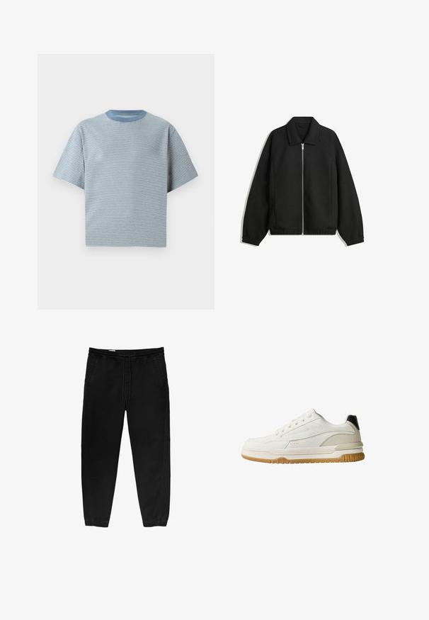 Fekete kabát texturált anyagból, teljes elöl cipzárral, gallérral és rugalmas mandzsettákkal, laza szabással és oldalsó zsebekkel.; Csíkos póló világoskék és fehér színben, rövid ujjú, kerek nyakkivágással, puha pamut anyagból készült, laza illeszkedéssel.; Fekete, rugalmas derékpántos nadrág, zsinóros megkötéssel, tapered lábakkal, oldalsó zsebekkel és diszkrét oldalsó varrási részletekkel. Puha pamut anyagtextúra.; Fehér sneaker sima bőr és velúr felsőrésszel, gumitalppal és diszkrét szürke részletekkel. Hat fűzőlyuk és fekete saroktab található rajta.