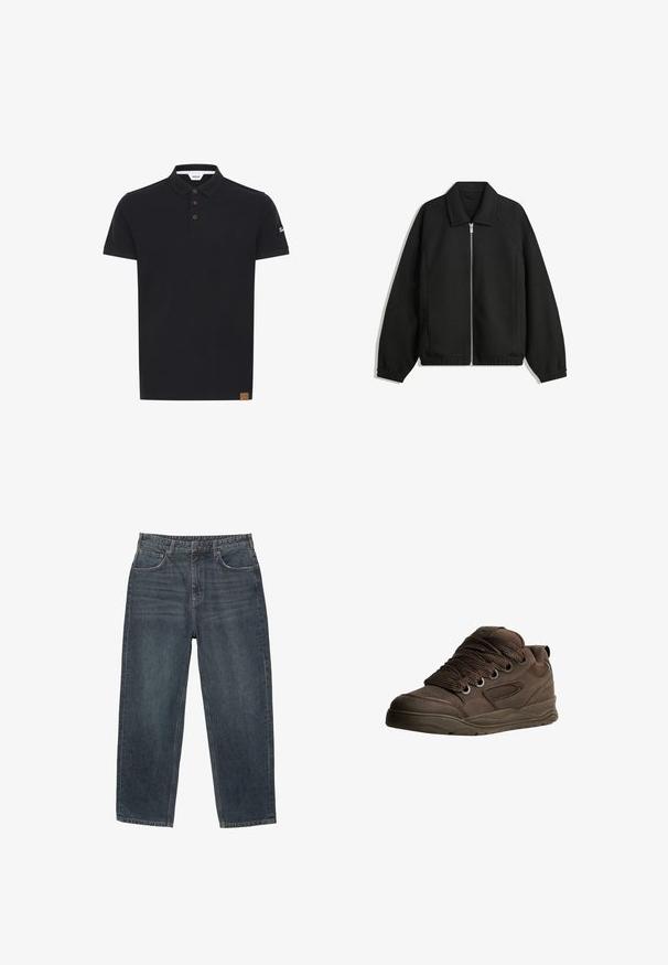 Fekete kabát texturált anyagból, teljes elöl cipzárral, gallérral és rugalmas mandzsettákkal, laza szabással és oldalsó zsebekkel.; Fekete póló, egyszínű kivitelben, klasszikus gallérral, három barna gombbal és logós texturált folttal a ujján.; Sötétkék denim farmernadrág egyenes szabással, öt zsebből, övgyűrűkből és enyhe kopásból álló anyaggal. Steppelt szegély részletezéssel.; Barna sportcipők sima szintetikus anyagból. Vastag fűzőkkel, hálós díszítésekkel, párnázott bokaképzővel és mintázott gumitalppal rendelkezik.
