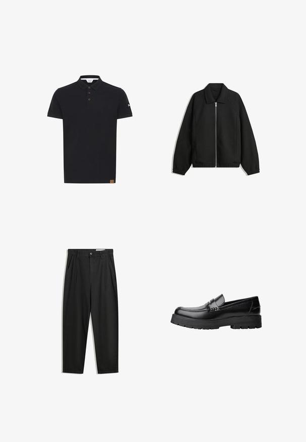 Sort jakke lavet af struktureret stof, med fuld frontlynlås, krave og elastiske mansjetter, i en afslappet pasform og sidelommer.; Sort polo skjorte i ensfarvet design, med en klassisk krave, tre brune knapper og en tekstureret mærkeflade på ærmet.; Sorte bomuldsbukser med en afslappet pasform, der har en klassisk talje, frontfolder og sidelommer. Glat tekstur uden mønstre.; Sort læderloafer med kraftig sål og dekorativ rem henover, vist i venstre sideprofil på hvid baggrund.