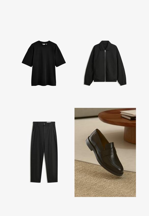 Schwarze Jacke aus strukturiertem Stoff, mit vollem Reißverschluss auf der Vorderseite, Kragen und elastischen Manschetten, im entspannten Schnitt und mit seitlichen Taschen.; Schwarzes Baumwoll-T-Shirt mit kurzen Ärmeln, lockerer Passform, Rundhalsausschnitt und glatter Textur. Minimalistisches Design ohne Muster oder Verzierungen.; Schwarze Baumwollhose mit lockerem Schnitt, ausgestattet mit einem klassischen Bund, vorderen Falten und Seiten taschen. Glatte Textur ohne Muster.; Schwarzer Lederloafer mit glatter Oberfläche, abgerundetem Zeh und dekorativem Riemen über dem oberen Teil. Niedriger Gummihacken, platziert auf einer strukturierten Oberfläche.