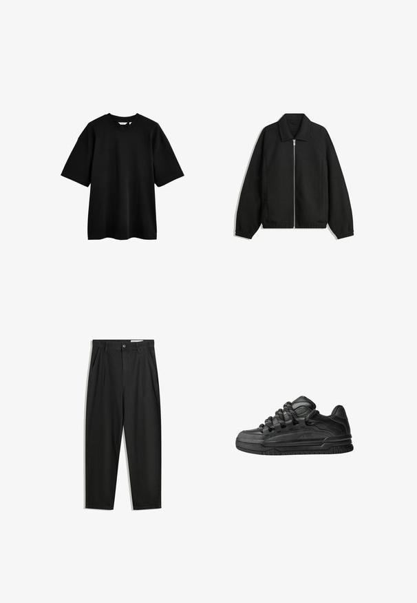 Črna jakna iz teksturirane tkanine, z dvostranskim zadrgo spredaj, ovratnikom in elastičnimi manšeti, sproščenega kroja in stranskimi žepi.; Črna bombažna majica s kratkimi rokavi, sproščenega kroja, okroglim izrezom in gladko teksturo. Minimalističen dizajn brez vzorcev ali okrasitev.; Črne bombažne hlače s sproščenim krojem, ki vključujejo klasičen pas, sprednje gube in stranske žepke. Gladka tekstura brez vzorcev.; Črne superge z gladkim usnjenim zgornjim delom, teksturiranimi detajli in okroglimi črnimi ter belimi vezalkami. Debel gumijast podplat z vzorčastim profilom.