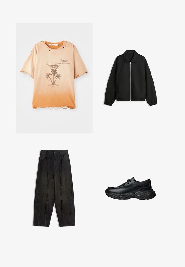 Čierna bunda vyrobená z textúrovaného materiálu, s plným predným zipsom, golierom a elastickými manžetami, so voľnejším strihom a bočnými vreckami.; Bežovo-oranžový gradientný tričko s poškodeným vzhľadom a roztrhnutiami, so grafikou pohára martini a palmy a textom "Night Clubbing".; Čierne nohavice s širokými nohavicami z denimu, viditeľné švy a rozstrapkané okraje, so zapracovanými prednými vreckami a vysokým pásom.; Čierne kožené slip-on topánky s okrúhlou špičkou a hrubou štruktúrovanou gumovou podrážkou. Obsahujú jemné prešitie a elastické akcenty v oblasti goliera.