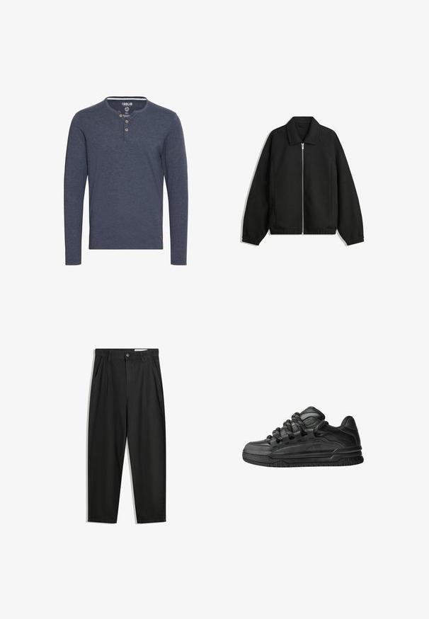 Zwarte jas van textuurstof, met een volledige rits aan de voorkant, een kraag, elastische manchetten, een ontspannen pasvorm en zijzakken.; Solid SDVOLKO - Longsleeve - mottled blue; Zwarte katoenen broeken met een losse pasvorm, voorzien van een klassieke tailleband, voorplooien en zijzakken. Gladde structuur zonder patronen.; Zwarte sneakers met een glad leren bovenwerk, gearceerde accenten en ronde zwart-witte veters. Dikke rubberen zool met een geprofileerd loopvlak.