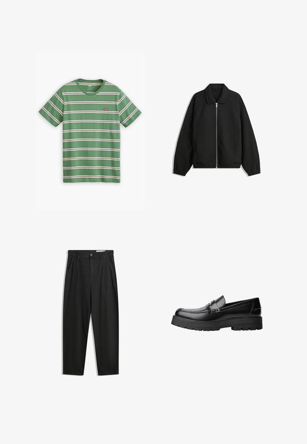 Sort jakke lavet af struktureret stof, med fuld frontlynlås, krave og elastiske mansjetter, i en afslappet pasform og sidelommer.; Grønstribet t-shirt lavet af bomuld, med vandrette hvide, gule og blå striber, og et lille rødt Levi's logo på brystet.; Sorte bomuldsbukser med en afslappet pasform, der har en klassisk talje, frontfolder og sidelommer. Glat tekstur uden mønstre.; Sort læderloafer med kraftig sål og dekorativ rem henover, vist i venstre sideprofil på hvid baggrund.