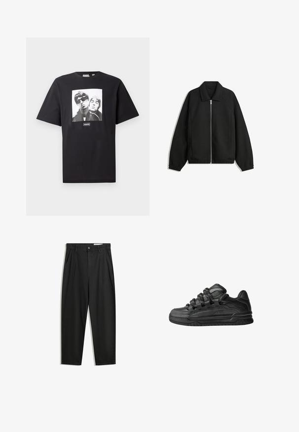 Sort jakke lavet af struktureret stof, med fuld frontlynlås, krave og elastiske mansjetter, i en afslappet pasform og sidelommer.; Sort bomulds T-shirt med et firkantet hvidt grafik af to figurer, logoet "oasis" under billedet. Korte ærmer, rund hals.; Sorte bomuldsbukser med en afslappet pasform, der har en klassisk talje, frontfolder og sidelommer. Glat tekstur uden mønstre.; Sorte sneakers med en glat læderoverdel, teksturerede accenter og runde sorte og hvide snørebånd. Tyk gummisål med et mønstret slidbanemønster.