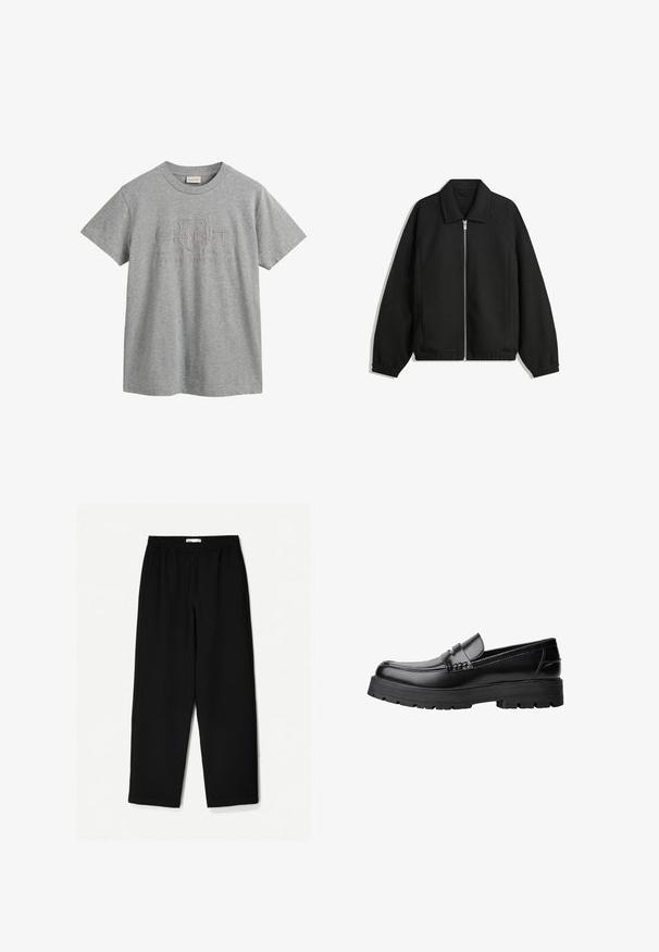 Sort jakke lavet af struktureret stof, med fuld frontlynlås, krave og elastiske mansjetter, i en afslappet pasform og sidelommer.; Grå bomulds T-shirt med korte ærmer, rund halsudskæring, med et hævet logo design, der inkluderer "GANT" og "American Sportswear."; Sorte, vidde ben bukser lavet af et let stof. Har en elastisk talje og en glat tekstur. Ingen synlige mønstre eller hardware.; Sort læderloafer med kraftig sål og dekorativ rem henover, vist i venstre sideprofil på hvid baggrund.