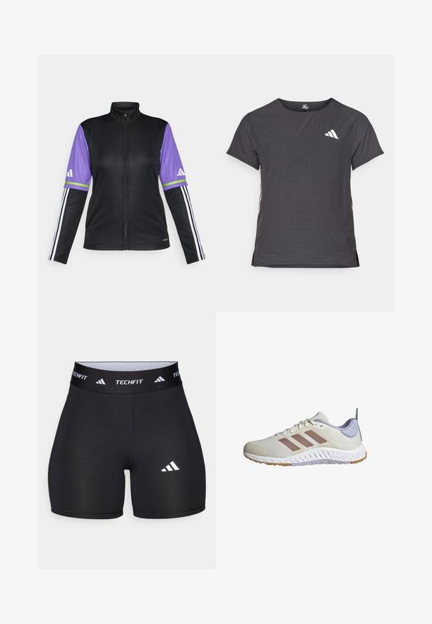 Čierna mikina na zips s fialovými rukávmi, zelenými a bielymi pruhmi a tromi bielymi pruhmi na čiernych manžetách. Vyrobená z hladkej textílie.; Tričko s krátkym rukávom pre šport, tmavosivé s perforovanou textúrou. Obsahuje biele logo a kontrastné bočné pruhy. Okrúhly výstrih.; Čierne nohavice z elastického materiálu s priliehavým strihom. Majú široký čierny pás s nápisom "TECHFIT" a bielym logom na nohe.; adidas Performance EVERYSET VERSATILE - Tréningová obuv - chalk white warm clay violet tone